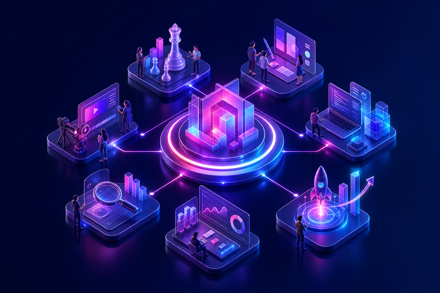 LittleFrames connected strategy, design, content, technology and business growth team illustration
